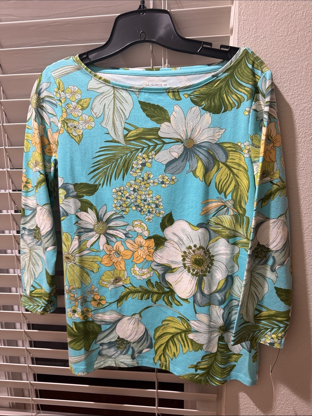 Talbots Aqua Floral Boatneck Long Sleeve Tee NWT small